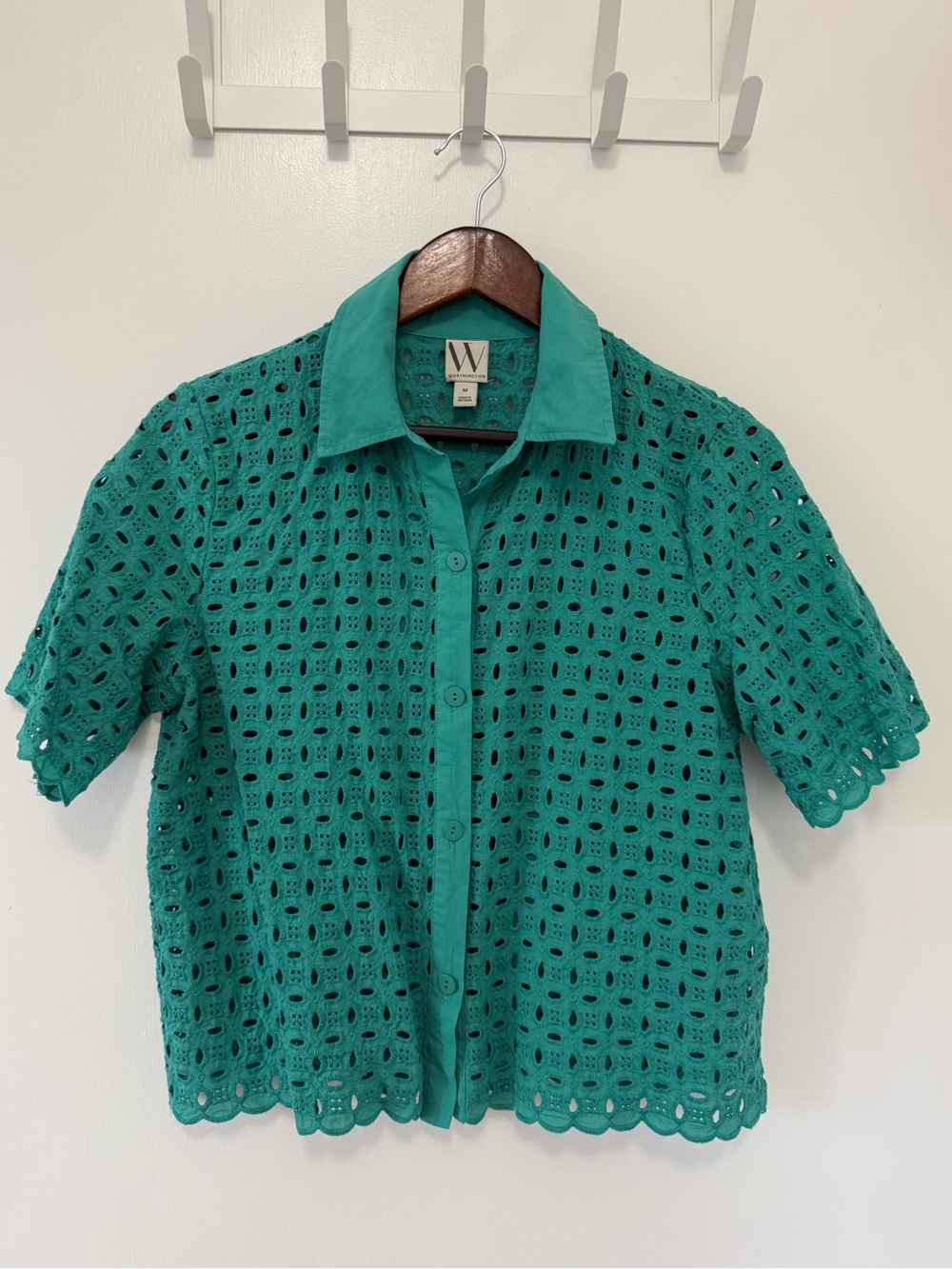 Worthington Teal Crochet Button Down Shirt | Lightweight Summer Beachy Boho